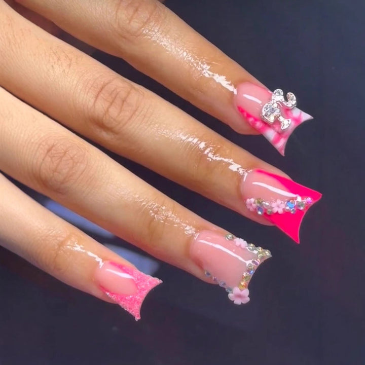 Decorative Floral and Rhinestone Acrylic Nail Extensions Bowlift