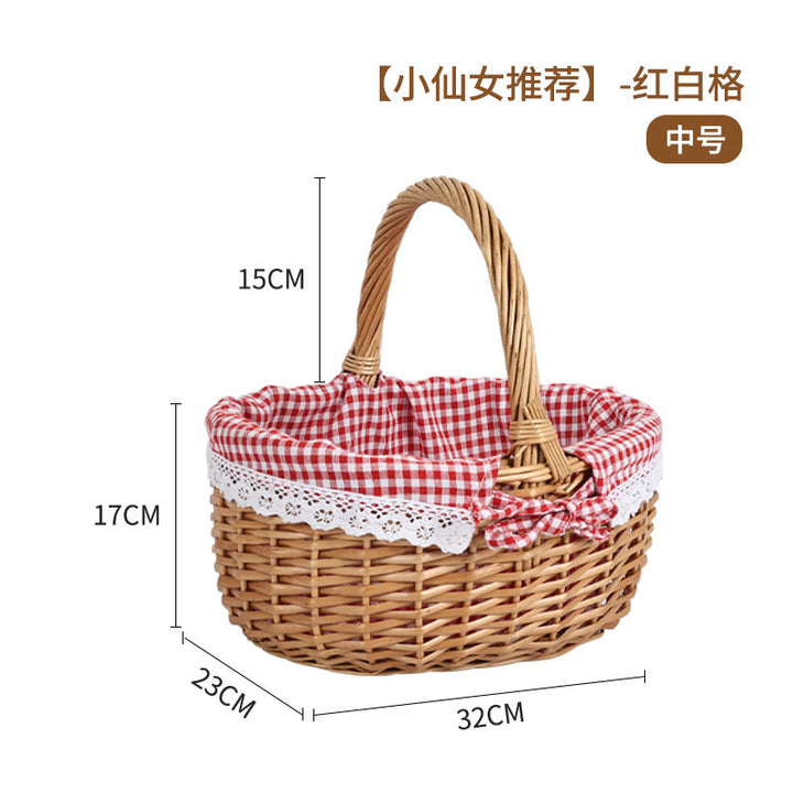 Women's braided basket with checkered fabric insert and decorative lace embellishment Bowlift