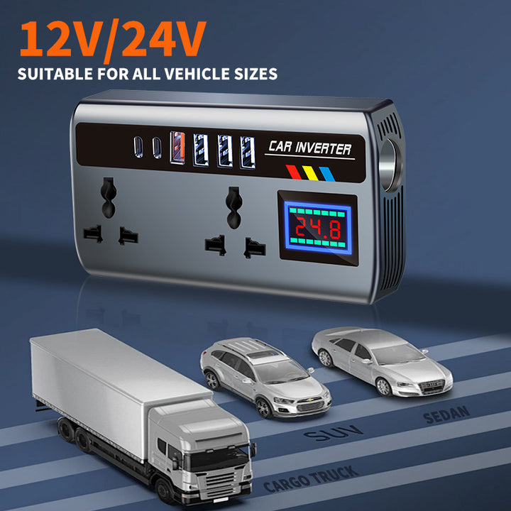 High-Power Vehicle Power Inverter with Multiple USB and USB-C Fast-Charging Ports and AC Outlet Cigarette Lighter Extension Bowlift