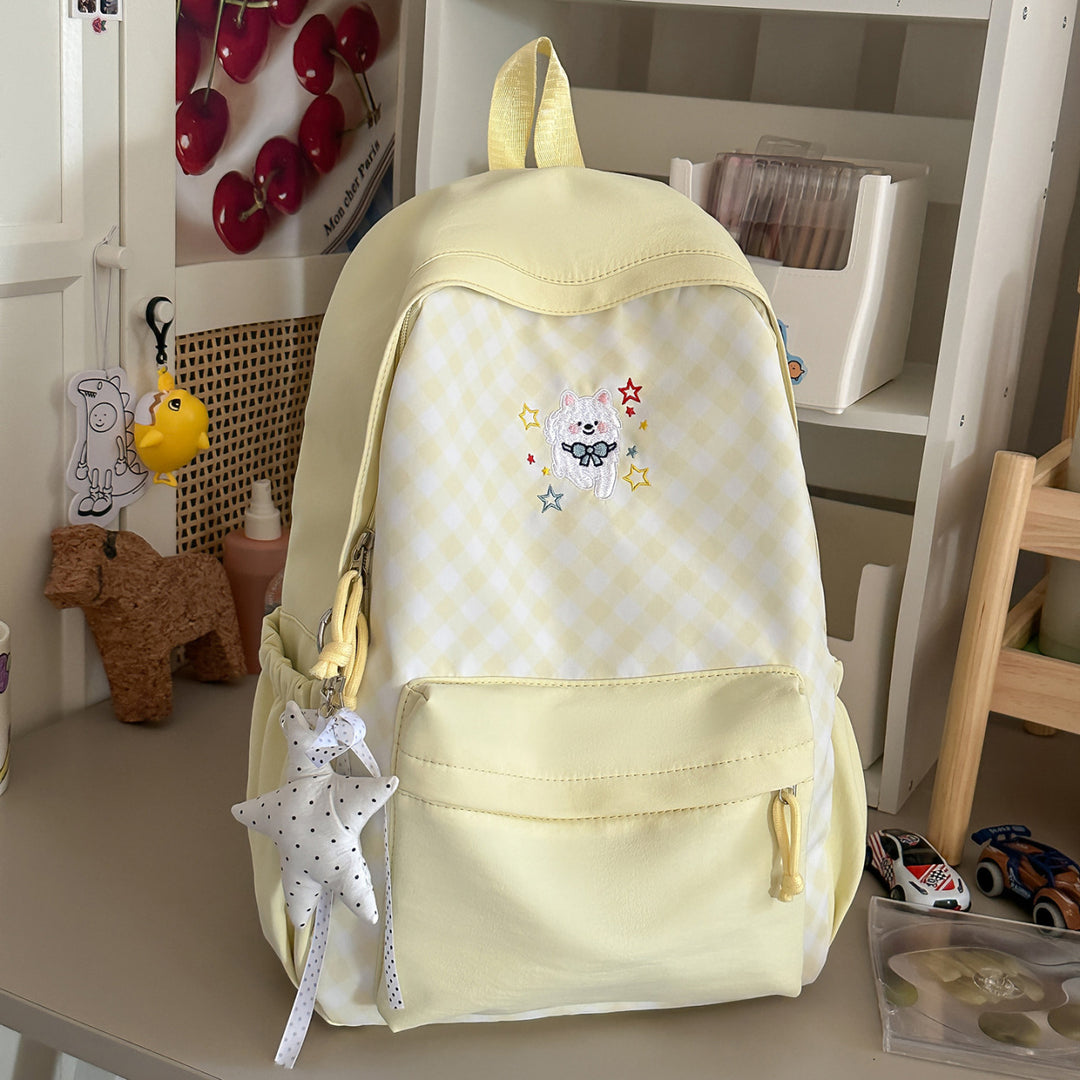 Cute Checked Backpack with Embroidered Accents