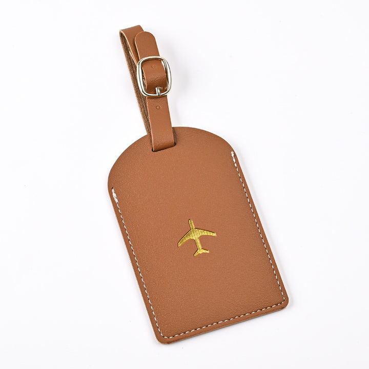 Premium Leather Luggage Tag with Adjustable Strap and Embroidered Airplane Icon Bowlift