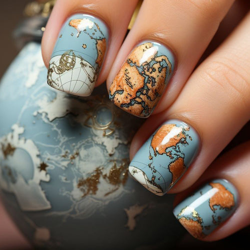 Creative artificial nails with world map inspired design Bowlift