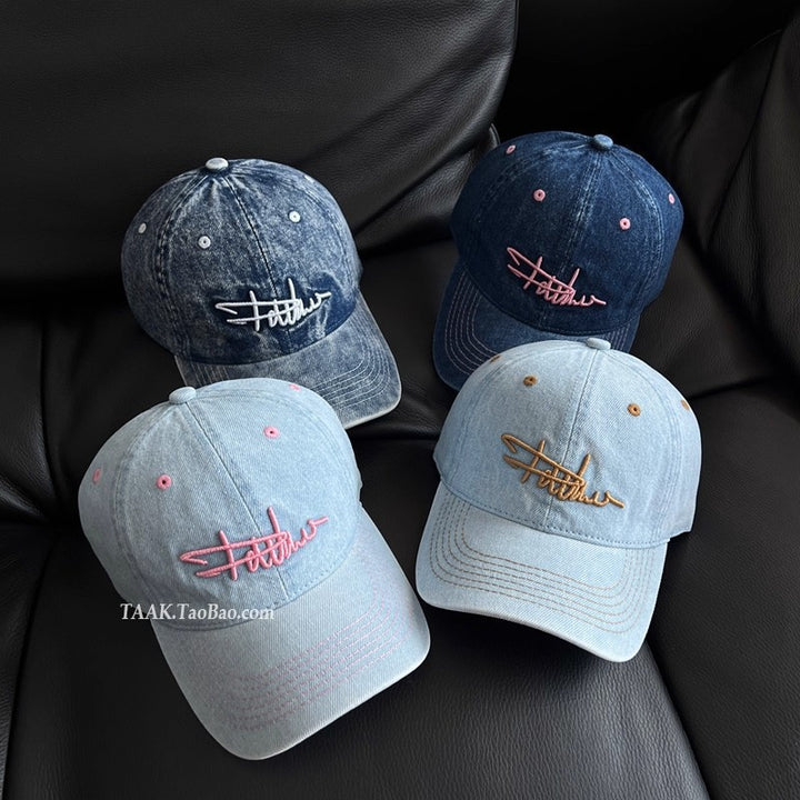 Women's Distressed Denim Embroidered Baseball Cap Bowlift