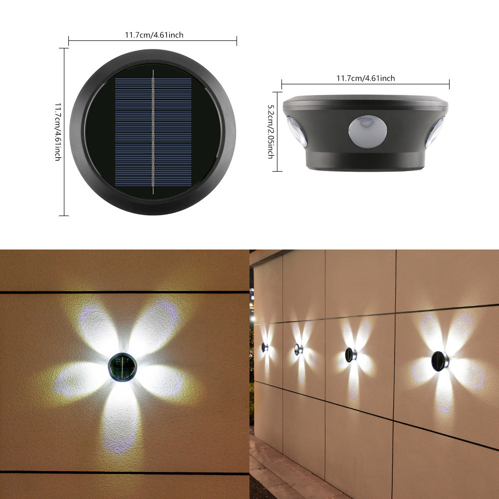 Round Solar Wall Lamp With Quad-Beam LED Decorative Outdoor Sconce And Weatherproof Housing Bowlift