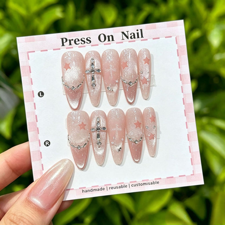 Handmade Decorative Press-On Nails Set with Gem and Bow Accents