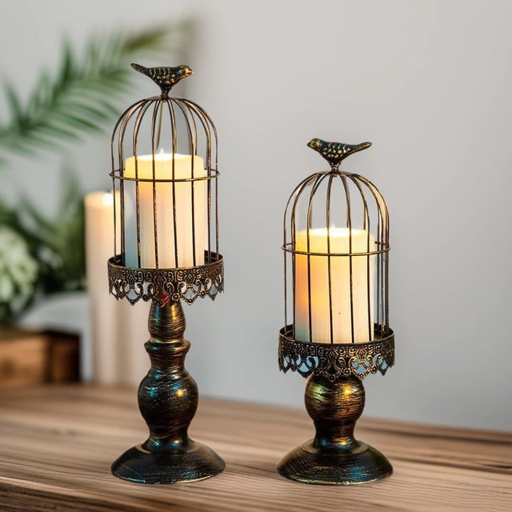 Antique-Style Distressed Metal Birdcage Tabletop Candle Holder & Display Stand Bowlift