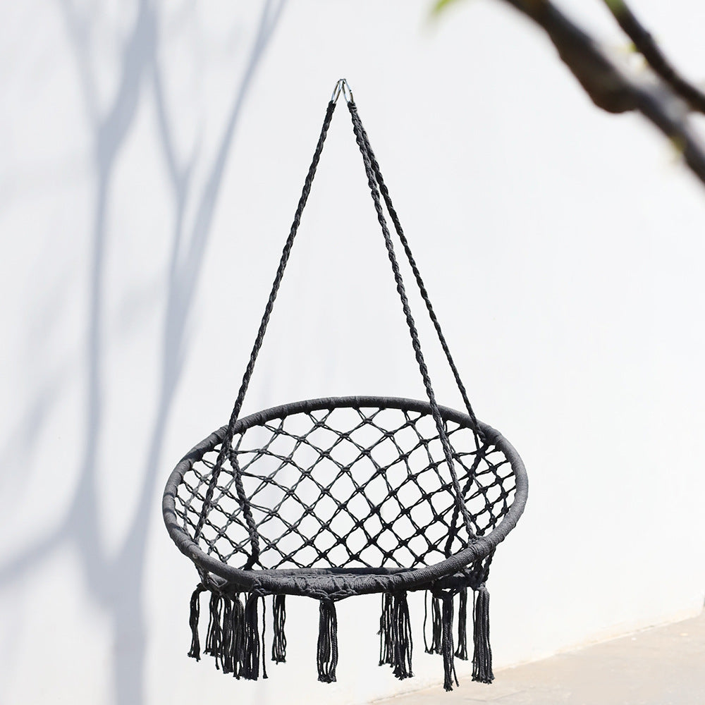 Macrame hanging chair with complete ceiling mounting kit and decorative tassel fringe Bowlift