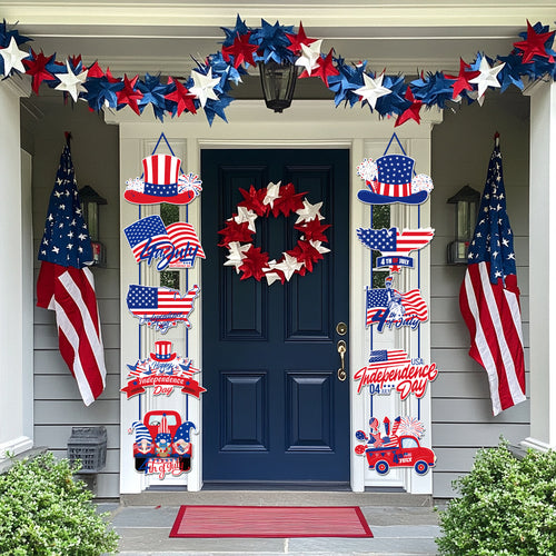 Independence Day multi-panel layered porch hanging sign garland with weatherproof PVC-backed panels and reinforced rope Bowlift