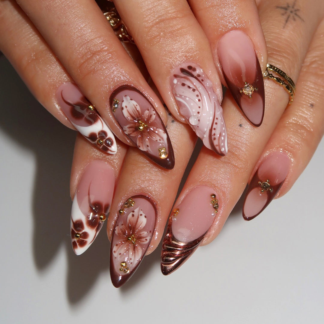 Artistic Press-On Nail Art Set with Floral and Gemstone Accents Bowlift