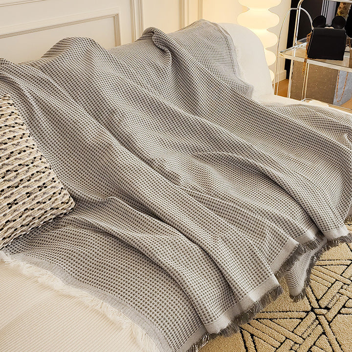 Waffle Weave Cotton-Linen Fringe Sofa Throw Blanket Bowlift
