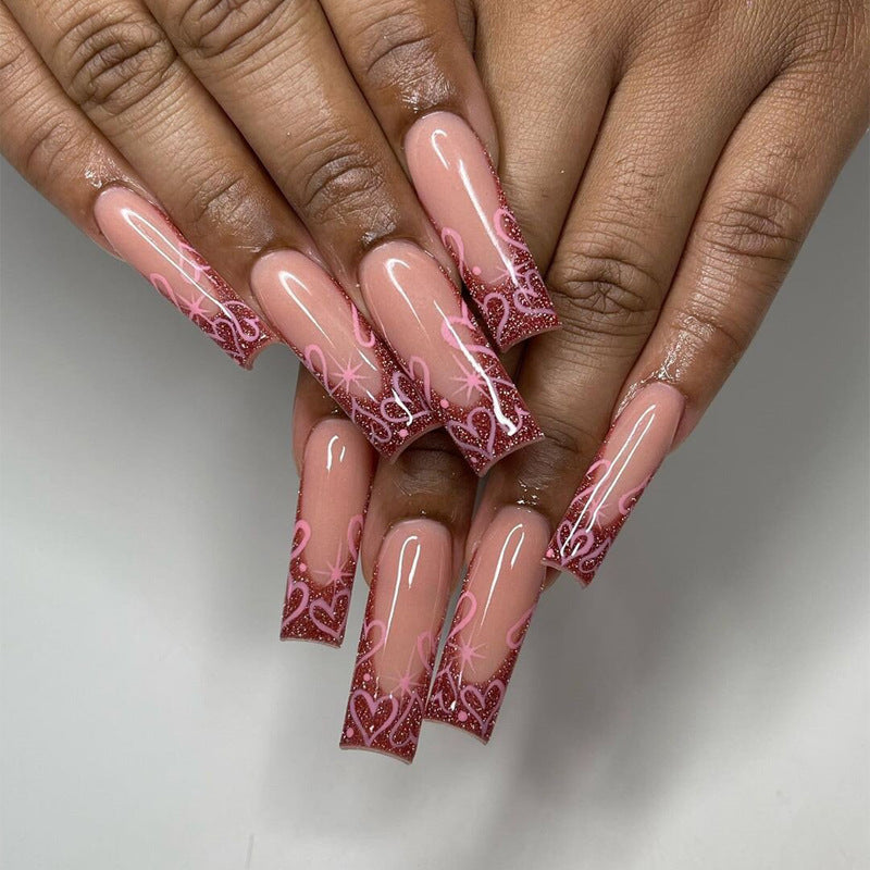 Artistic Press-On Nail Set with Heart and Gold Flake Design Bowlift