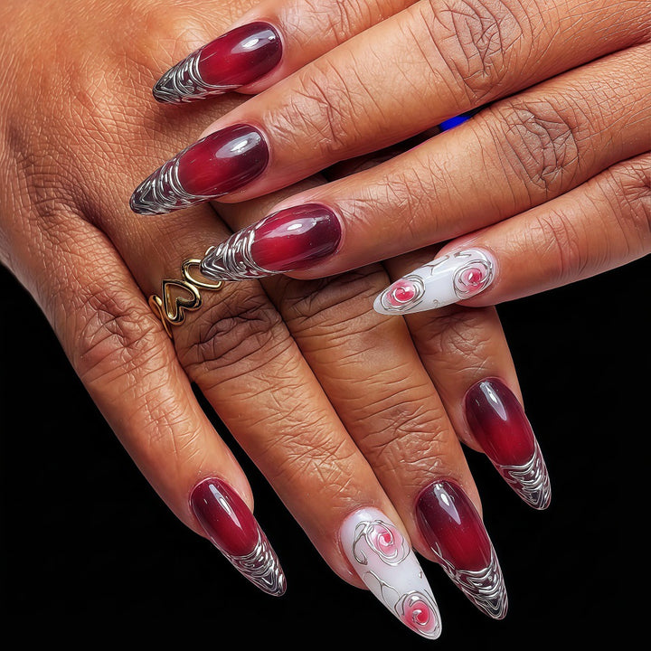 Artificial Nails Set with Elegant Ombre and Rose Designs Bowlift