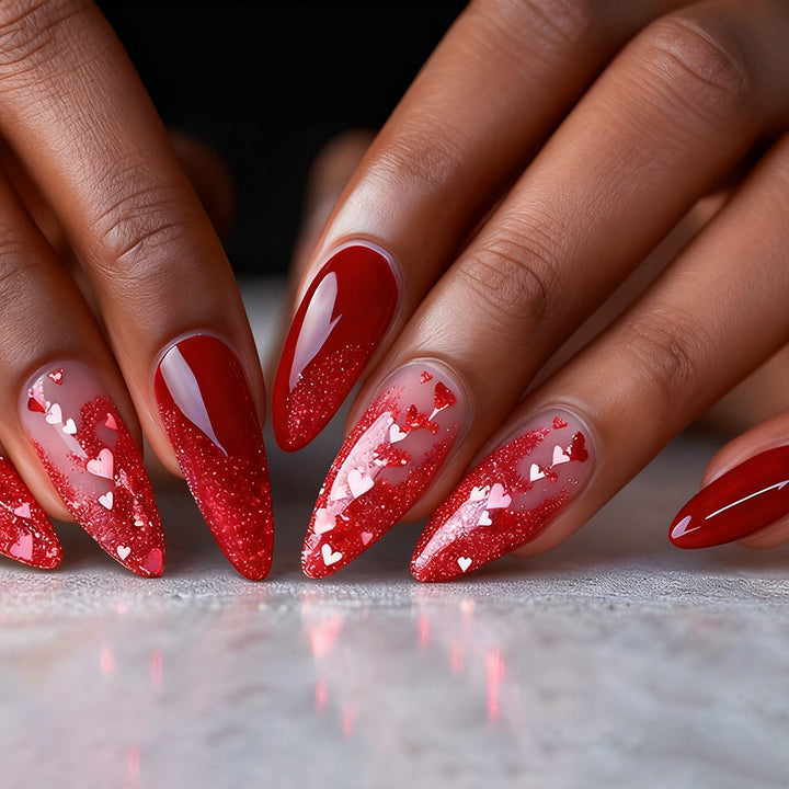 Heart-Embellished Glamourous Press-On Nails Bowlift