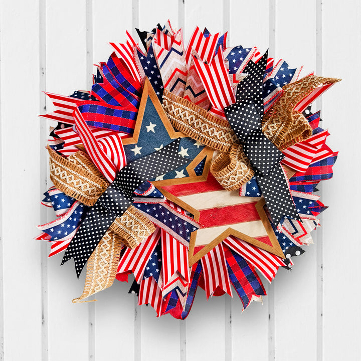 Unisex decorative door wreath in country style with wooden star, ribbons and versatile bands Bowlift
