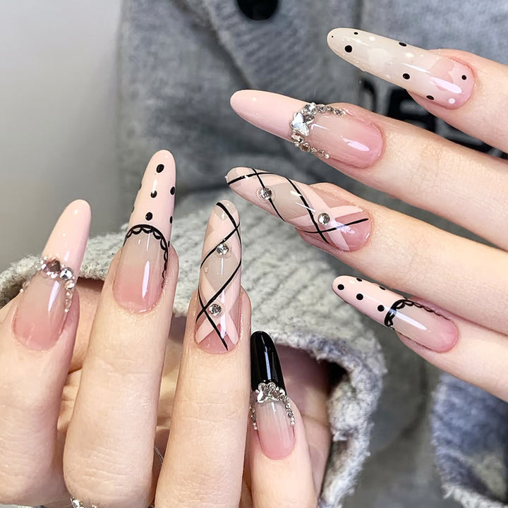 Artistic Press-On Nail Set with Elegant Patterns and Gems Bowlift