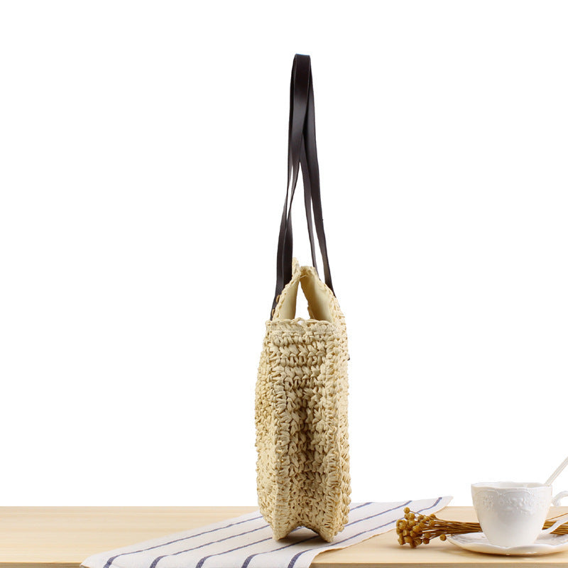 Round Bast Tote Bag with Leather-Embellished Handles Bowlift