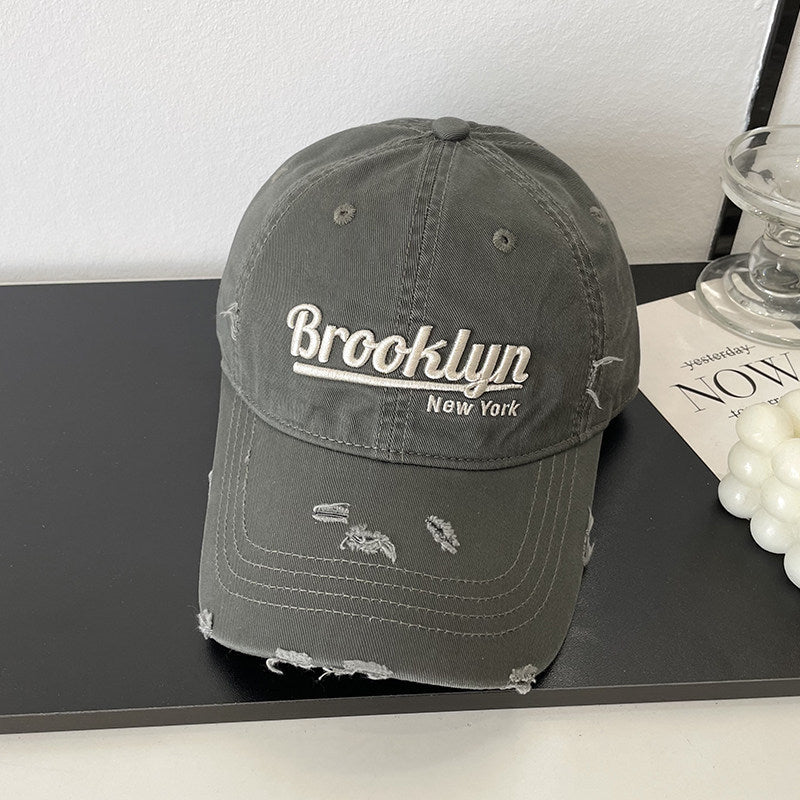 Distressed Cotton Baseball Cap with Brooklyn Embroidery