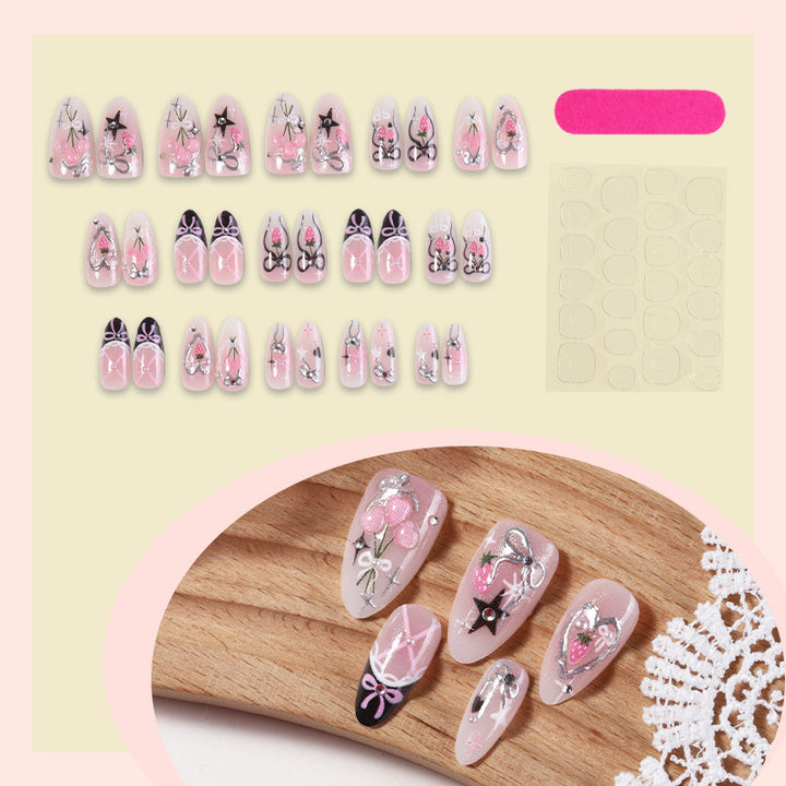 Decorative Press-On Nail Art Set with Bow and Star Designs Bowlift