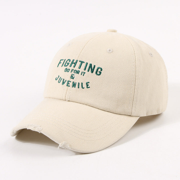 Women's Distressed Cotton Cap with Motivational Embroidery Bowlift