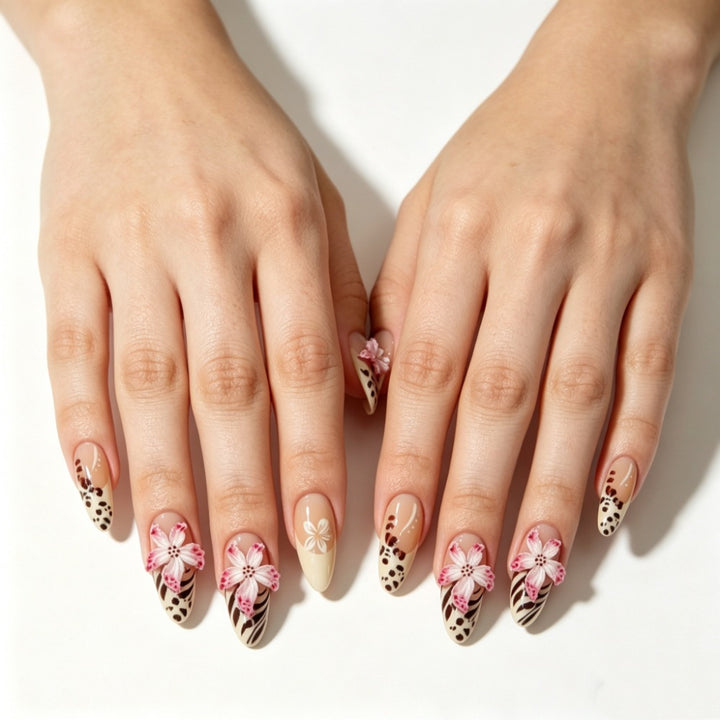 Artificial nails with floral accents and animal print Bowlift