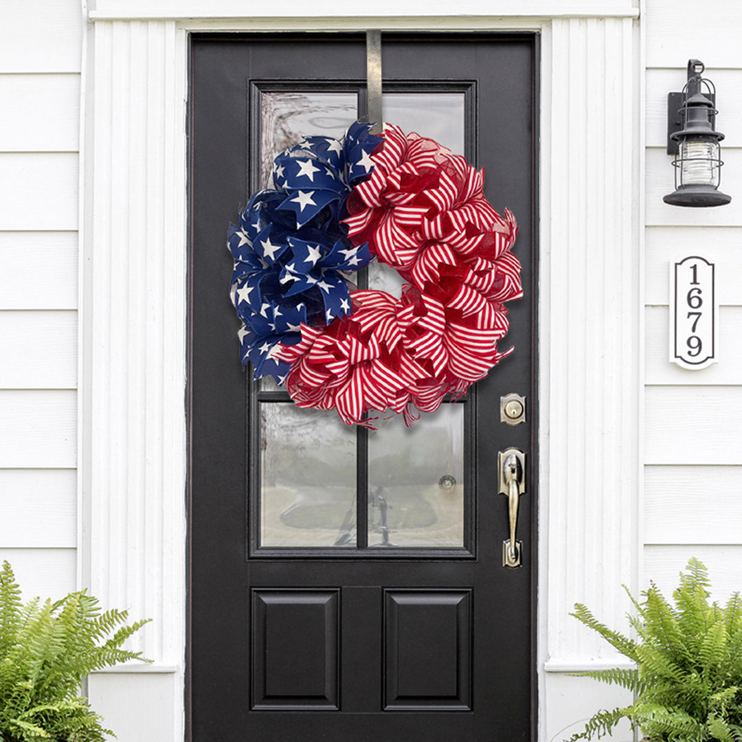 Unisex nan Americana star and stripe mesh front door wreath with full-bodied deco ribbon and over the door hanger Bowlift