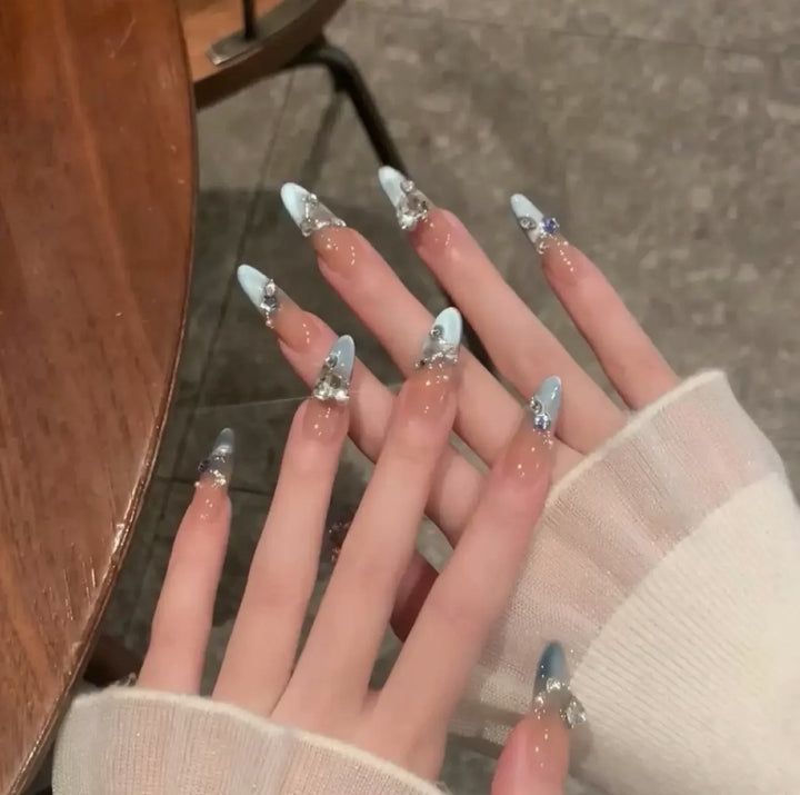 Artistic Press-On Nail Set with Floral and Gemstone Accents Bowlift