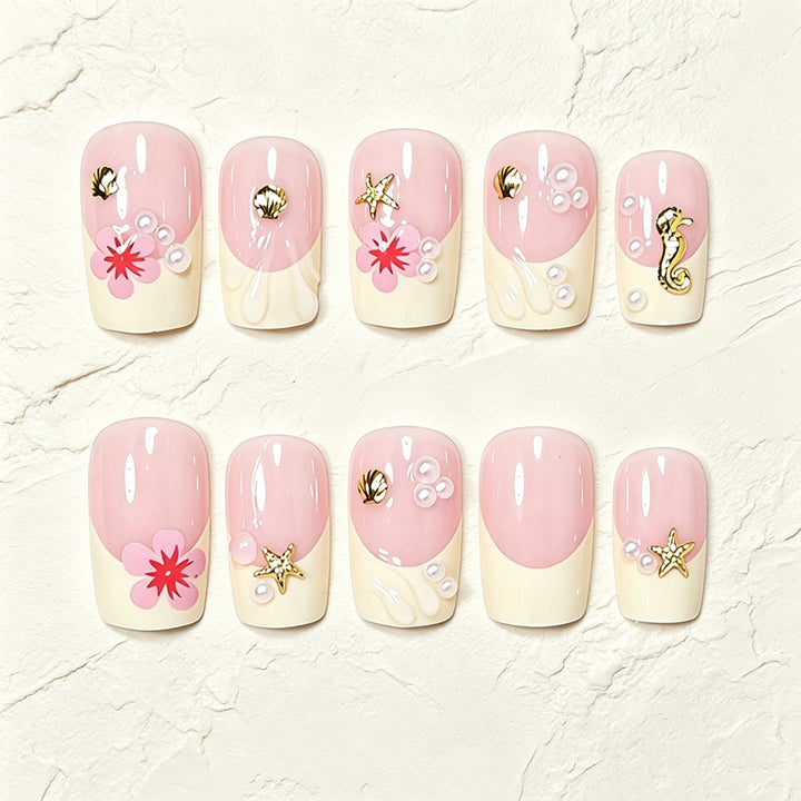 Tropical Shell and Flower Press-On Nail Art Bowlift