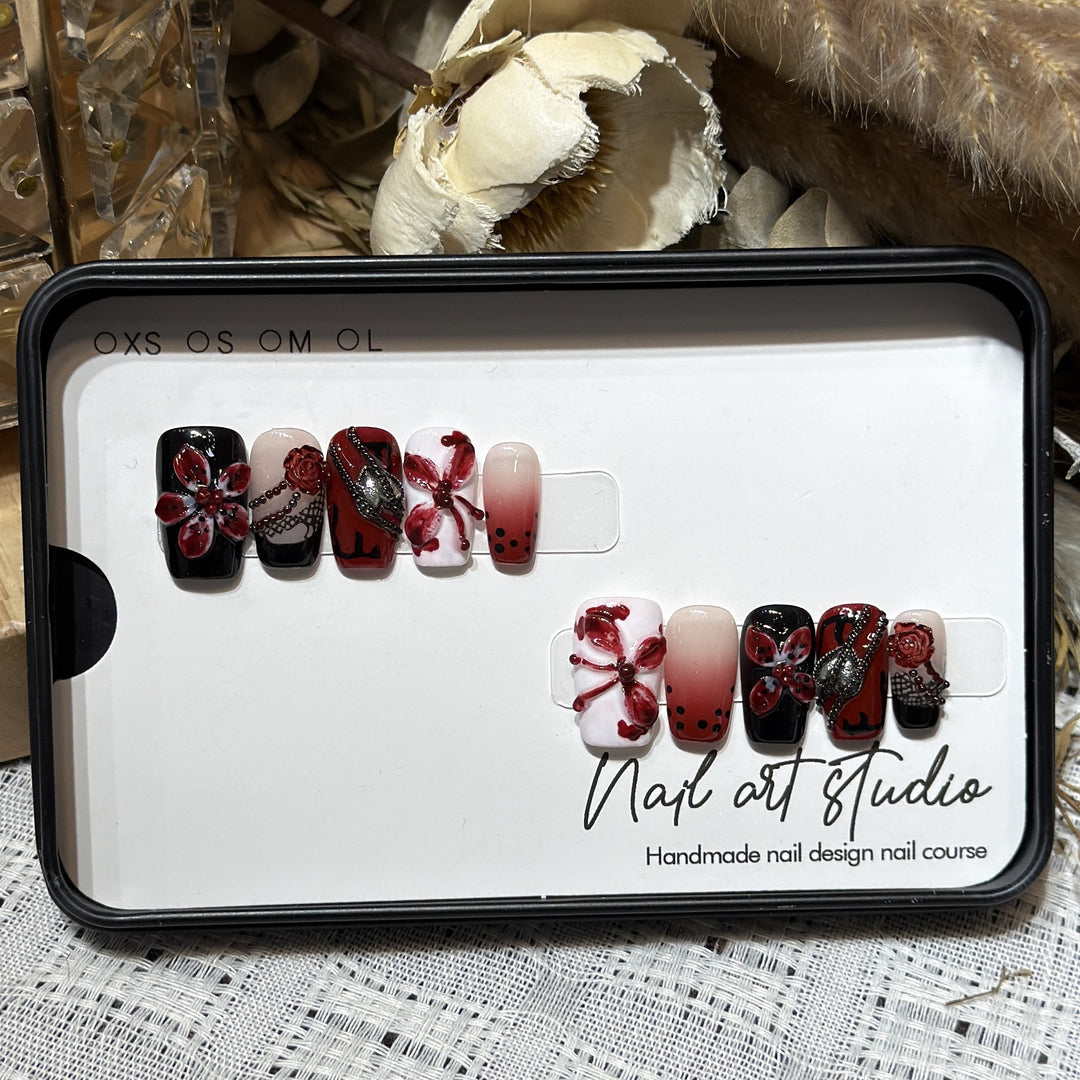 Artistic Nail Decoration Press-On Set with Unique Floral and Gemstone Designs Bowlift