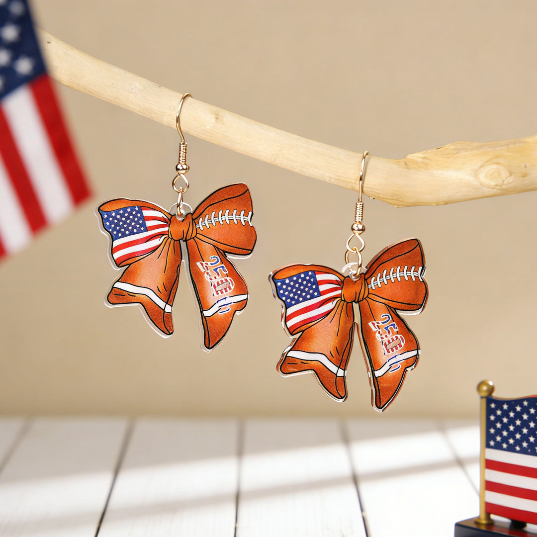 Women's nan patriotic bow dangle acrylic earrings with gold plated hooks and lightweight charm Bowlift