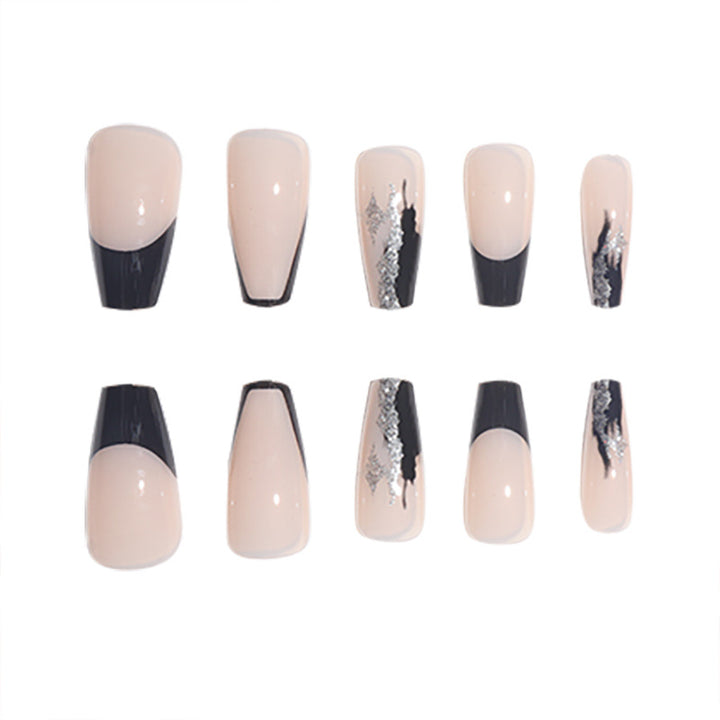 Elegant Stiletto Press-On Nails with Artistic Black Tips and Silver Accents Bowlift