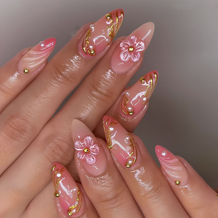 Artful Nail Extensions with Floral Accents Bowlift