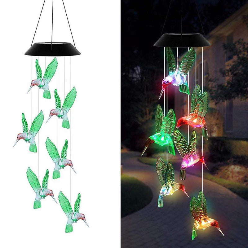 Solar-Powered Hanging Hummingbird LED Wind Chime With Color-Changing RGB Acrylic Birds And Weatherproof Top Bowlift
