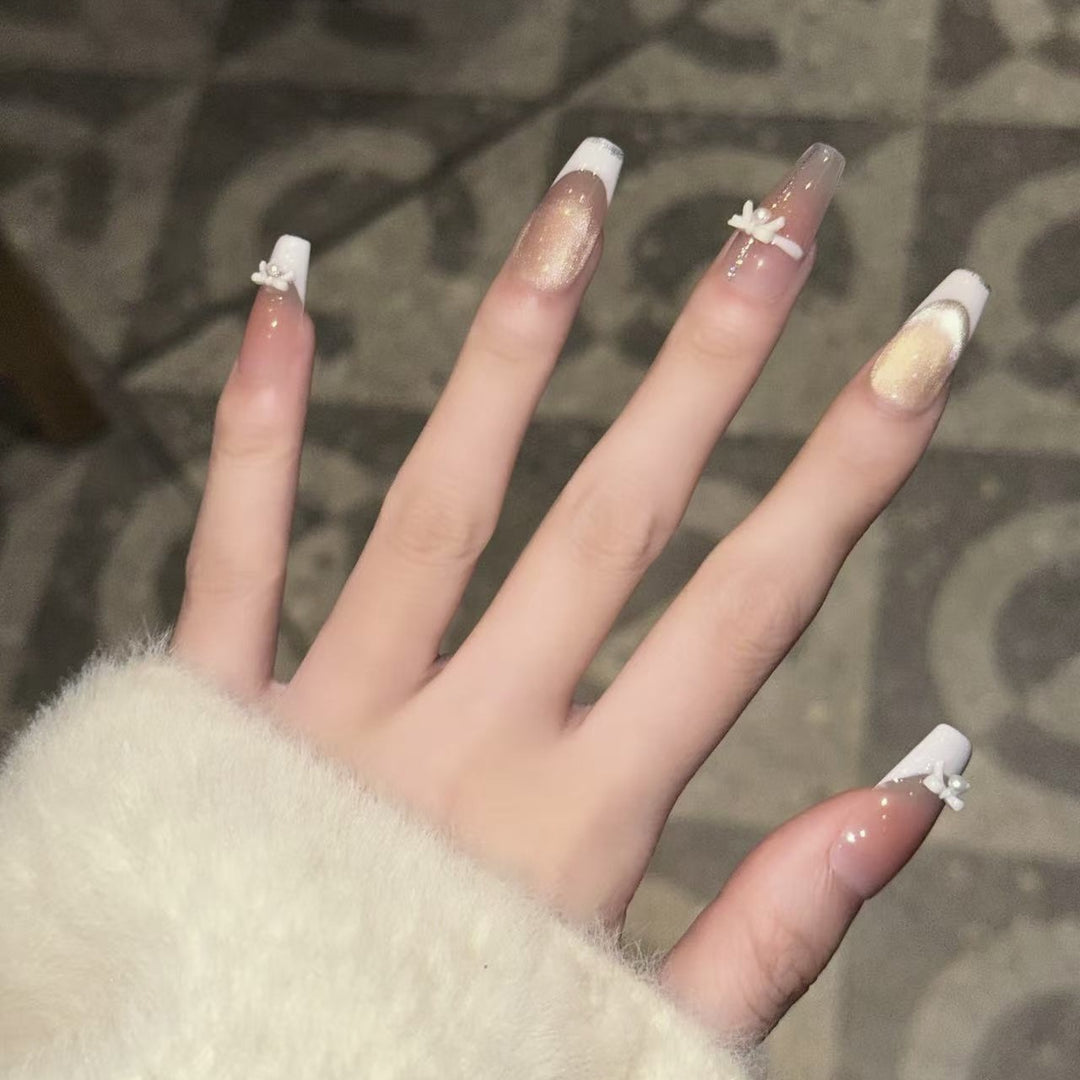 Elegant Reusable Press-On Nail Art Set with Pearl and Glitter Accents Bowlift