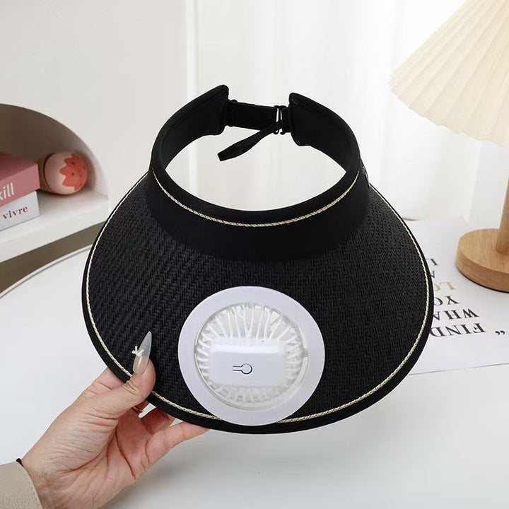 Air-cooled straw hat with detachable battery fan and elastic headband Bowlift