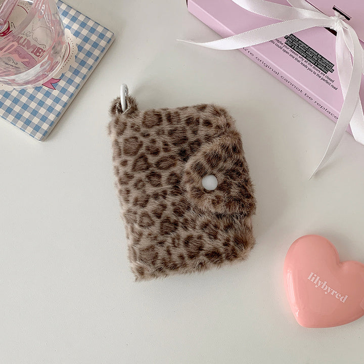 Faux Fur Leopard-Print Snap Keyring Card Wallet Bowlift