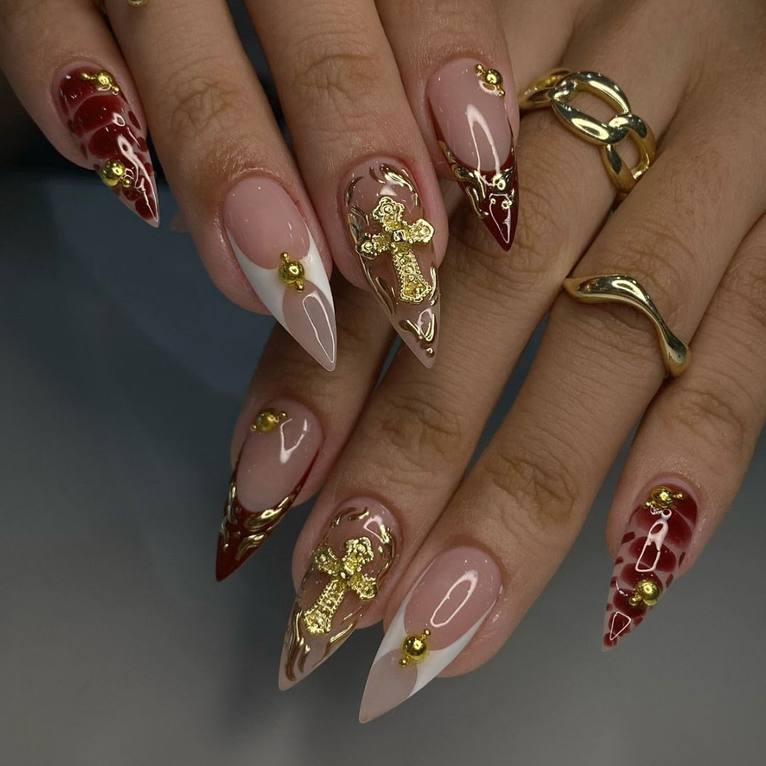 Premium Decorative Press-On Nail Art Set with Gold Accents Bowlift