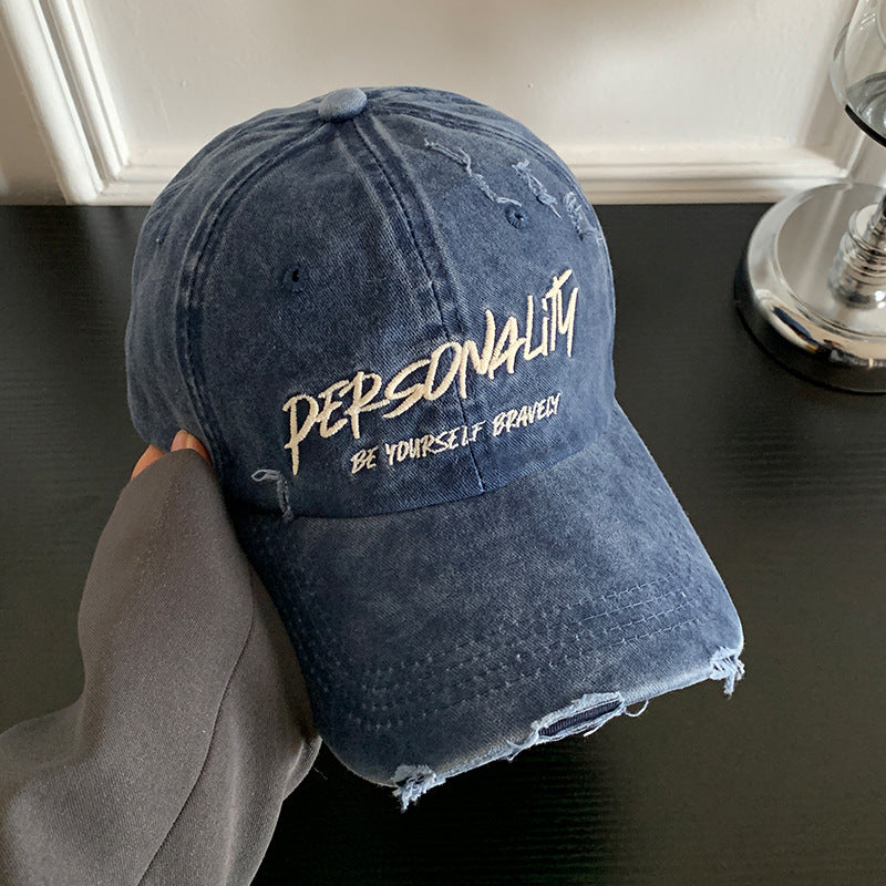Distressed Cotton Baseball Cap with Motivational Embroidery