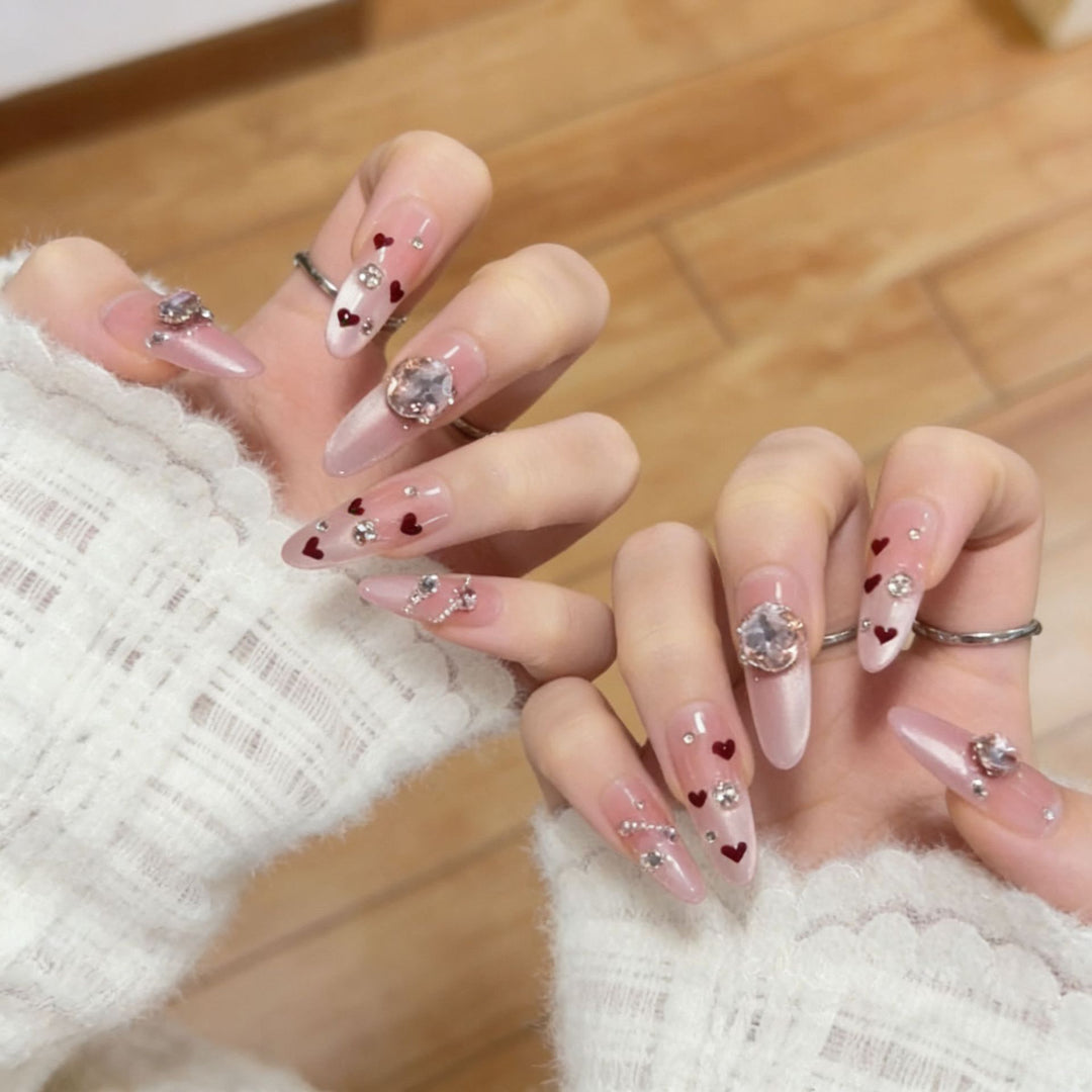 Decorative Press-On Nail Art with Heart and Gem Accents Bowlift