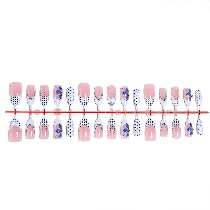 Artificial Nail Set with Decorative Polka Dots and Floral Accents Bowlift