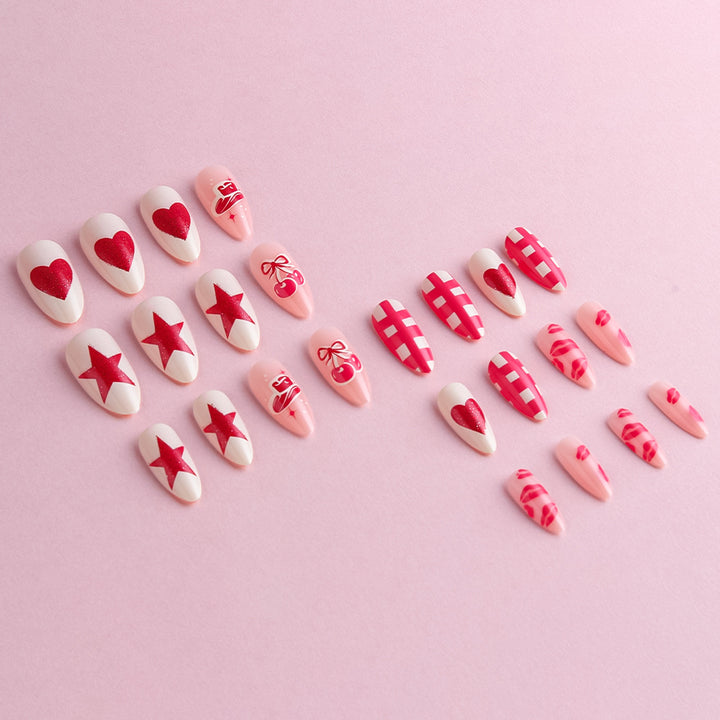 Artistic Press-On Nail Art Set with Heart and Star Designs Bowlift