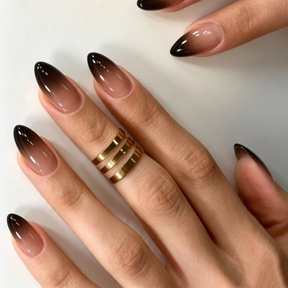 Artificial nails with elegant ombre design and filigree edge Bowlift