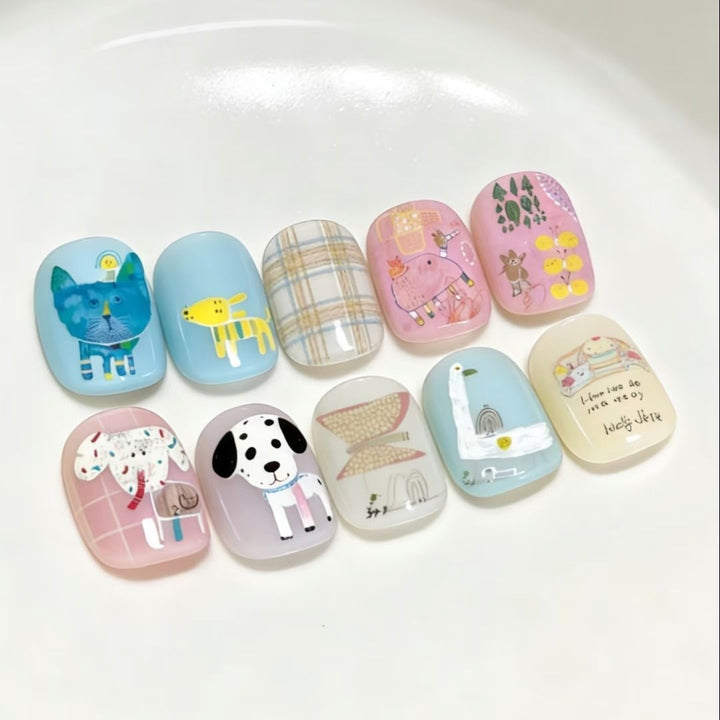 Artistic Cat-Themed Press-On Nail Art Set Bowlift