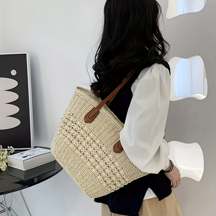 Natural basket bag with elegant leather handles Bowlift