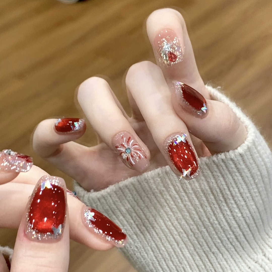 Artistic Press-On Nail Set with Glitter and Star Accents Bowlift