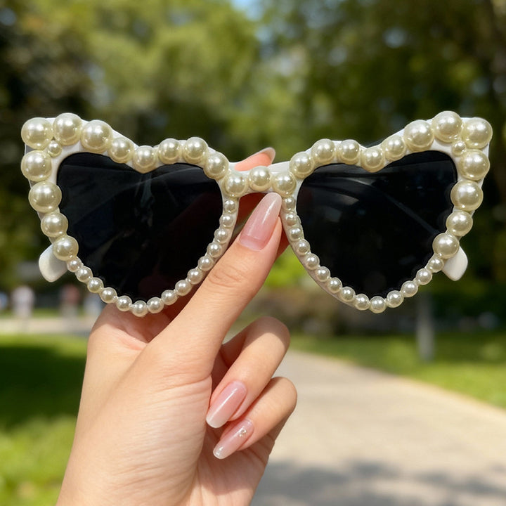 Decorative Pearl-Embellished Cat-Eye Sunglasses Bowlift