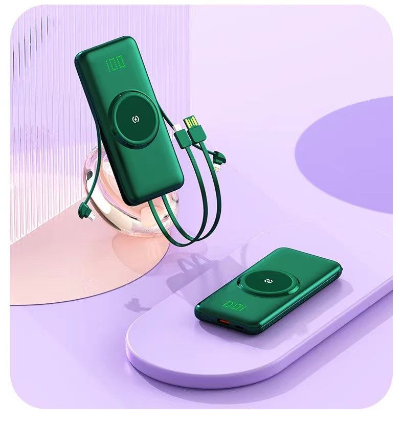 Portable power bank with wireless charging function and integrated charging cable Bowlift