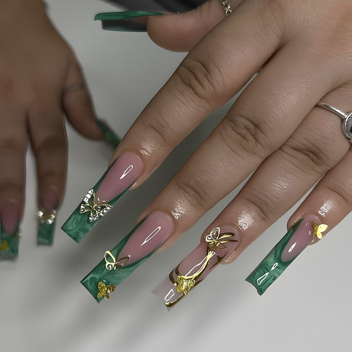 Artistic Long Press-On Nail Set with Butterfly and Gold Accents Bowlift