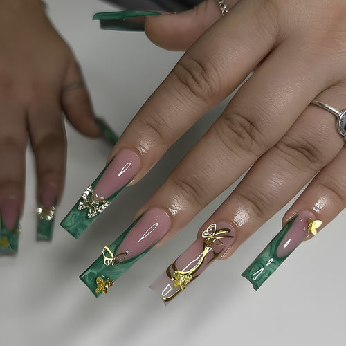 Artistic Long Press-On Nail Set with Butterfly and Gold Accents Bowlift