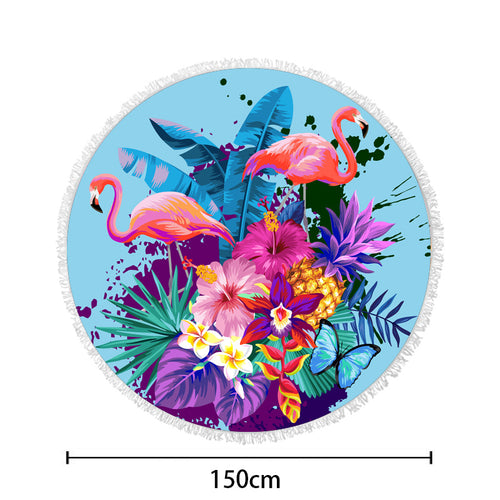 Round beach towel with tropical leaf print and fringe decoration Bowlift