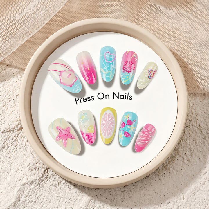 Artistic Summer-Themed Press-On Nails Bowlift